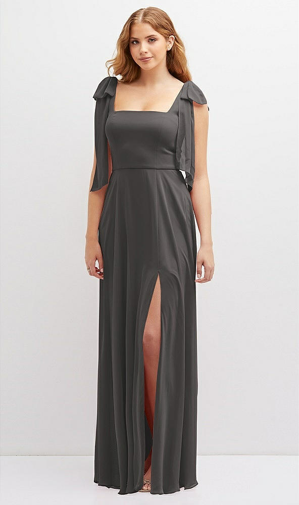 Front View - Caviar Gray Bow Shoulder Square Neck Chiffon Maxi Dress