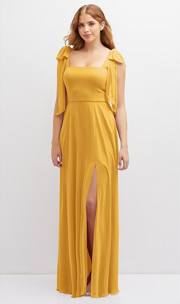 Front View - NYC Yellow Bow Shoulder Square Neck Chiffon Maxi Dress