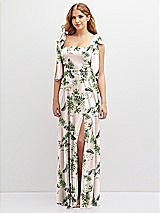 Front View Thumbnail - Palm Beach Print Bow Shoulder Square Neck Chiffon Maxi Dress