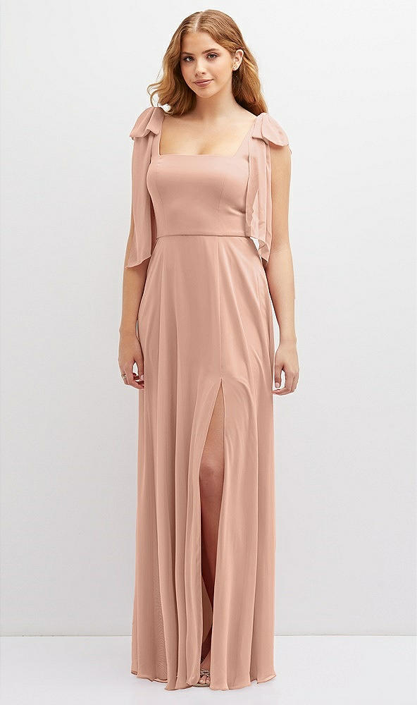 Front View - Pale Peach Bow Shoulder Square Neck Chiffon Maxi Dress