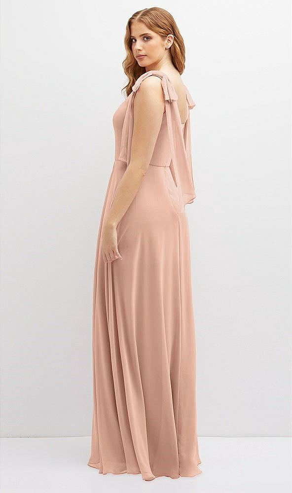 Back View - Pale Peach Bow Shoulder Square Neck Chiffon Maxi Dress