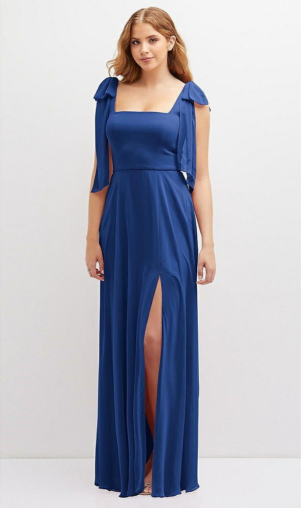 Front View - Classic Blue Bow Shoulder Square Neck Chiffon Maxi Dress