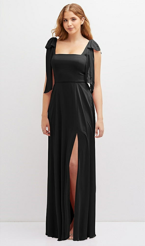 Front View - Black Bow Shoulder Square Neck Chiffon Maxi Dress