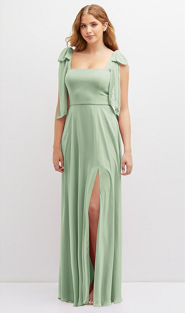 Front View - Celadon Bow Shoulder Square Neck Chiffon Maxi Dress