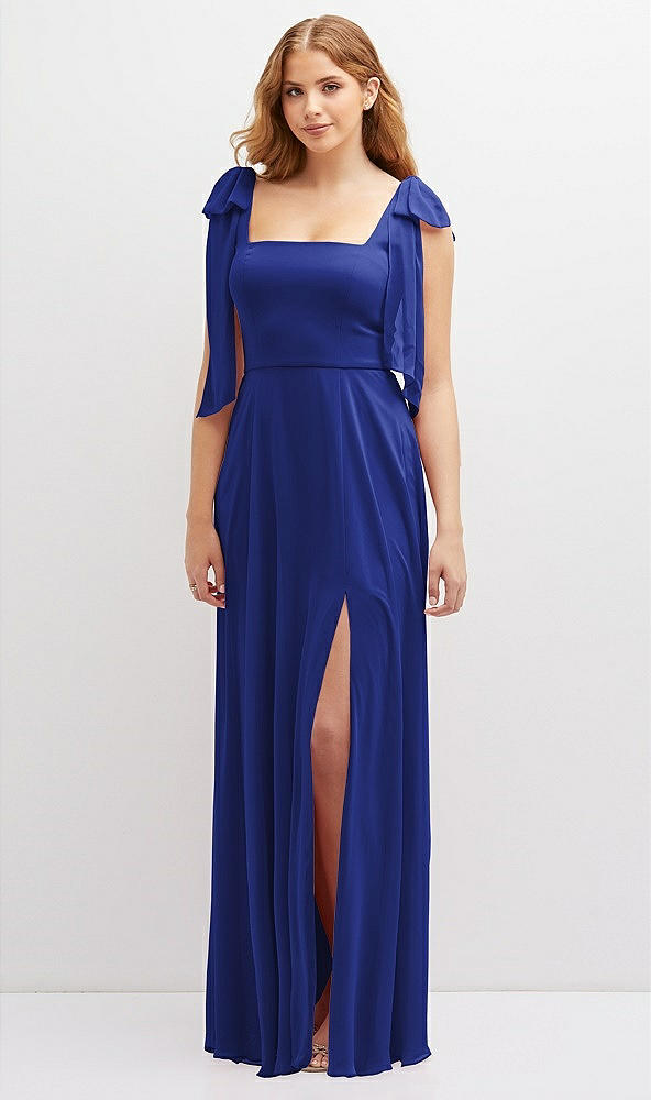 Front View - Cobalt Blue Bow Shoulder Square Neck Chiffon Maxi Dress