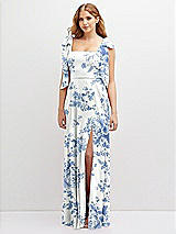 Front View Thumbnail - Cottage Rose Dusk Blue Bow Shoulder Square Neck Chiffon Maxi Dress