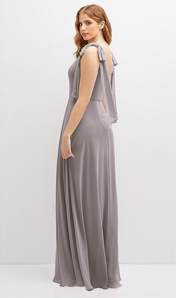 Back View - Cashmere Gray Bow Shoulder Square Neck Chiffon Maxi Dress