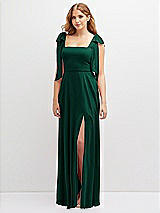 Front View Thumbnail - Hunter Green Bow Shoulder Square Neck Chiffon Maxi Dress