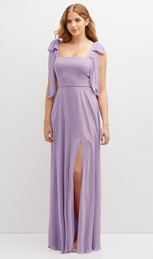 Front View - Pale Purple Bow Shoulder Square Neck Chiffon Maxi Dress