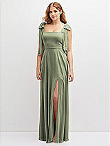 Front View Thumbnail - Sage Bow Shoulder Square Neck Chiffon Maxi Dress