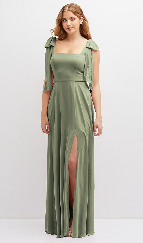 Front View - Sage Bow Shoulder Square Neck Chiffon Maxi Dress