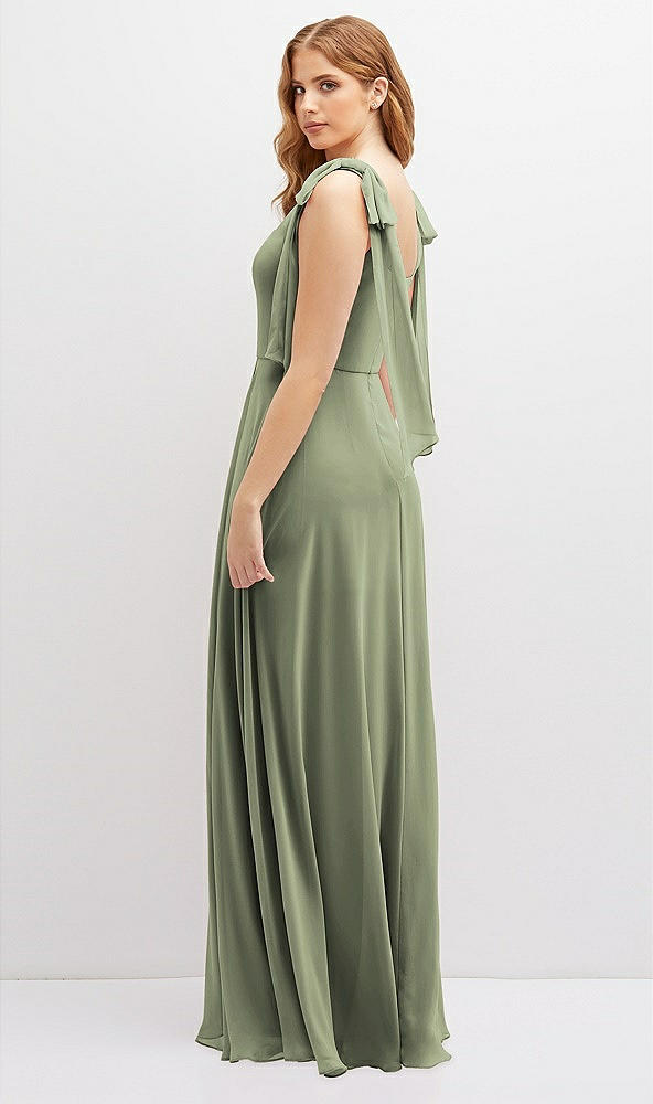 Back View - Sage Bow Shoulder Square Neck Chiffon Maxi Dress