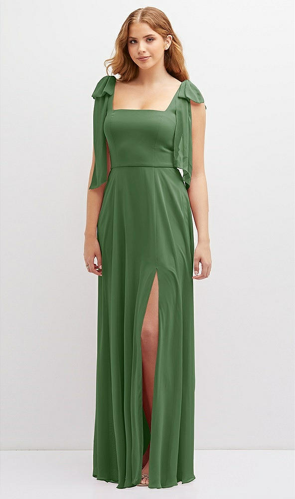 Front View - Vineyard Green Bow Shoulder Square Neck Chiffon Maxi Dress