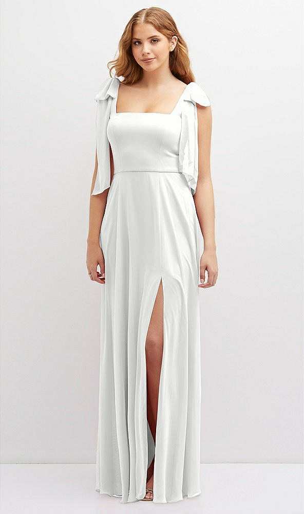 Front View - White Bow Shoulder Square Neck Chiffon Maxi Dress