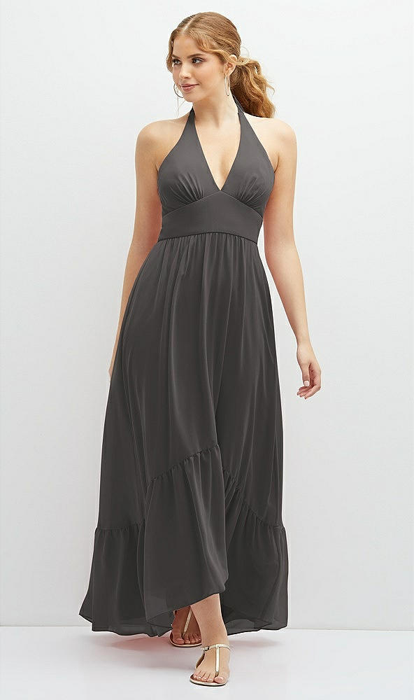 Front View - Caviar Gray Chiffon Halter High-Low Dress with Deep Ruffle Hem