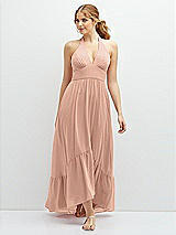 Front View Thumbnail - Pale Peach Chiffon Halter High-Low Dress with Deep Ruffle Hem