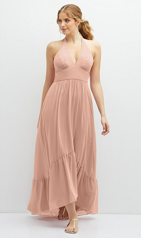 Front View - Pale Peach Chiffon Halter High-Low Dress with Deep Ruffle Hem