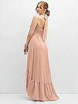 Rear View Thumbnail - Pale Peach Chiffon Halter High-Low Dress with Deep Ruffle Hem