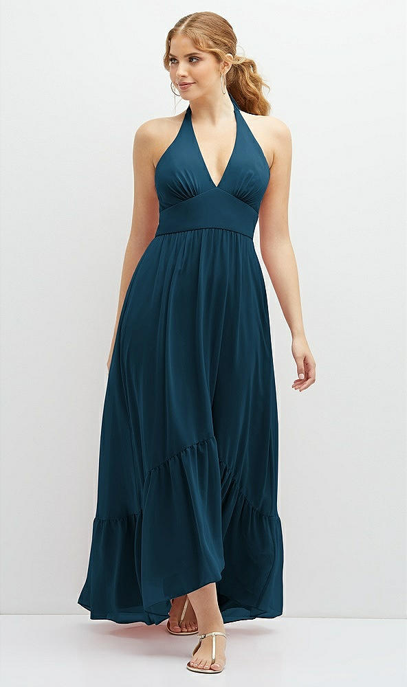 Front View - Atlantic Blue Chiffon Halter High-Low Dress with Deep Ruffle Hem