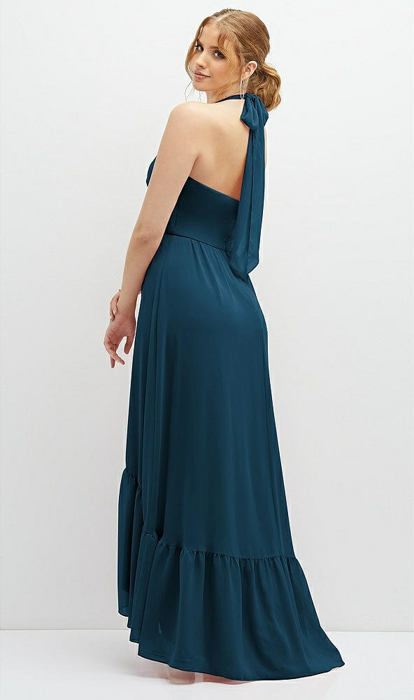 Back View - Atlantic Blue Chiffon Halter High-Low Dress with Deep Ruffle Hem