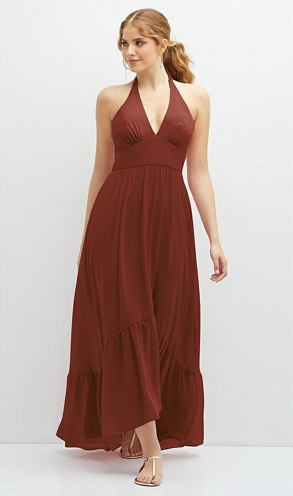 Front View - Auburn Moon Chiffon Halter High-Low Dress with Deep Ruffle Hem