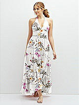 Front View Thumbnail - Butterfly Botanica Ivory Chiffon Halter High-Low Dress with Deep Ruffle Hem