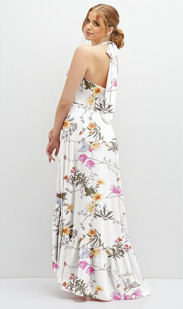 Back View - Butterfly Botanica Ivory Chiffon Halter High-Low Dress with Deep Ruffle Hem