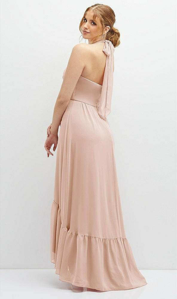 Back View - Cameo Chiffon Halter High-Low Dress with Deep Ruffle Hem