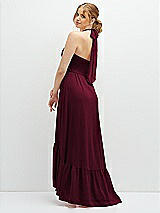 Rear View Thumbnail - Cabernet Chiffon Halter High-Low Dress with Deep Ruffle Hem