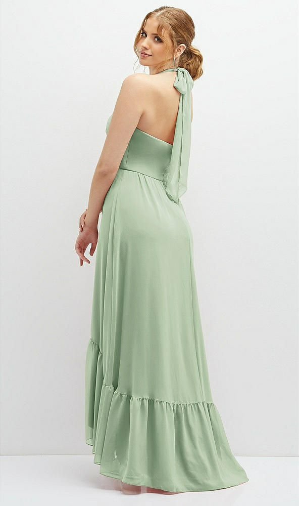 Back View - Celadon Chiffon Halter High-Low Dress with Deep Ruffle Hem