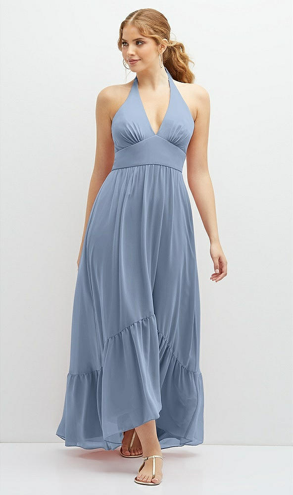 Front View - Cloudy Chiffon Halter High-Low Dress with Deep Ruffle Hem