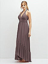 Side View Thumbnail - French Truffle Chiffon Halter High-Low Dress with Deep Ruffle Hem