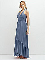 Side View Thumbnail - Larkspur Blue Chiffon Halter High-Low Dress with Deep Ruffle Hem