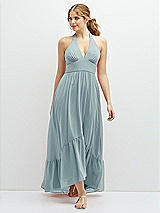 Front View Thumbnail - Morning Sky Chiffon Halter High-Low Dress with Deep Ruffle Hem