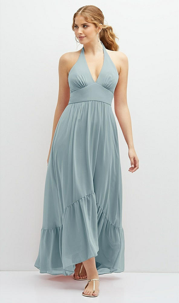 Front View - Morning Sky Chiffon Halter High-Low Dress with Deep Ruffle Hem