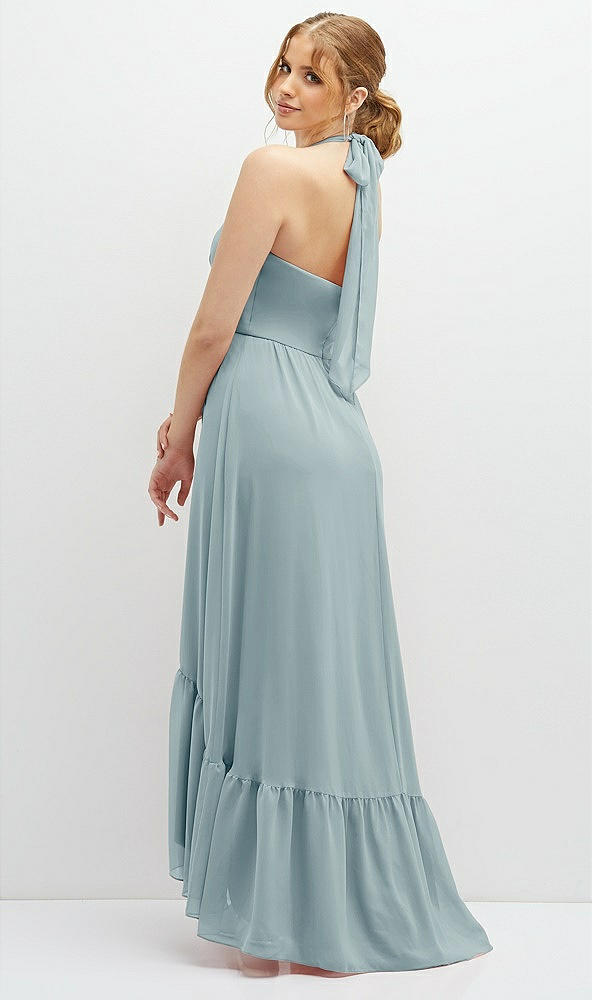 Back View - Morning Sky Chiffon Halter High-Low Dress with Deep Ruffle Hem