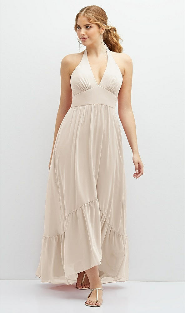 Front View - Oat Chiffon Halter High-Low Dress with Deep Ruffle Hem