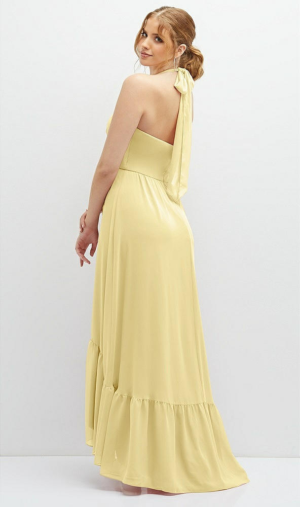 Back View - Pale Yellow Chiffon Halter High-Low Dress with Deep Ruffle Hem