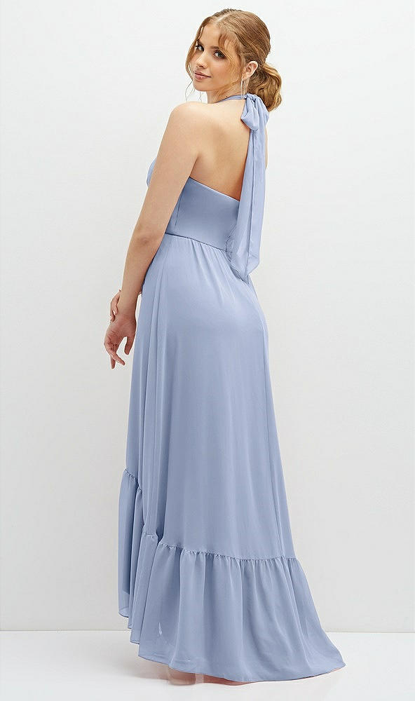 Back View - Sky Blue Chiffon Halter High-Low Dress with Deep Ruffle Hem