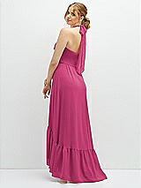 Rear View Thumbnail - Tea Rose Chiffon Halter High-Low Dress with Deep Ruffle Hem