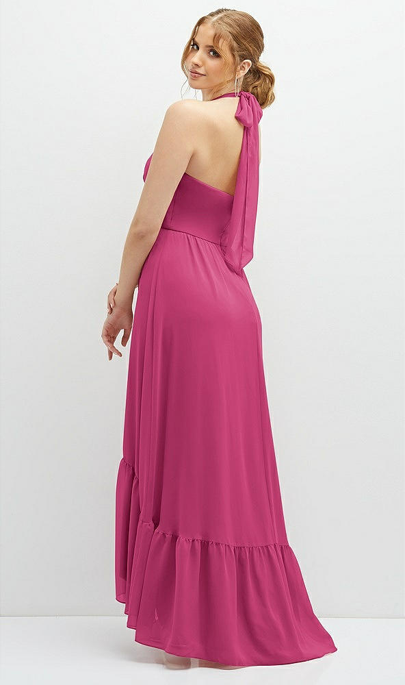 Back View - Tea Rose Chiffon Halter High-Low Dress with Deep Ruffle Hem