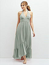 Front View Thumbnail - Willow Green Chiffon Halter High-Low Dress with Deep Ruffle Hem