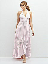 Front View Thumbnail - Watercolor Print Chiffon Halter High-Low Dress with Deep Ruffle Hem