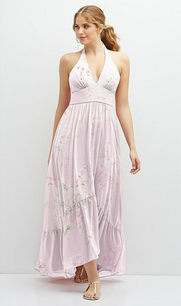 Front View - Watercolor Print Chiffon Halter High-Low Dress with Deep Ruffle Hem