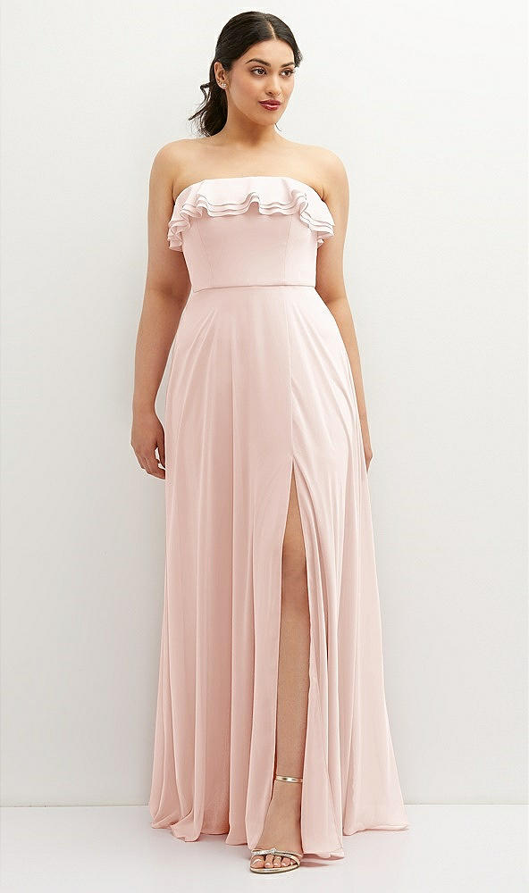 Front View - Blush Tiered Ruffle Neck Strapless Maxi Dress with Front Slit