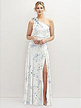 Front View Thumbnail - Bleu Garden Handworked Flower Trimmed One-Shoulder Chiffon Maxi Dress