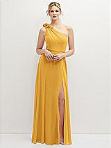 Front View Thumbnail - NYC Yellow Handworked Flower Trimmed One-Shoulder Chiffon Maxi Dress