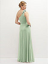 Rear View Thumbnail - Celadon Handworked Flower Trimmed One-Shoulder Chiffon Maxi Dress