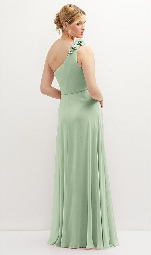 Back View - Celadon Handworked Flower Trimmed One-Shoulder Chiffon Maxi Dress