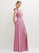 Side View Thumbnail - Powder Pink Handworked Flower Trimmed One-Shoulder Chiffon Maxi Dress